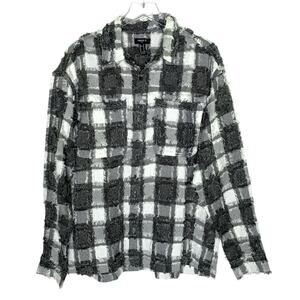 Forever 21 Frayed Textured Plaid Shirt M NEW Unisex Patchwork Woven Black White